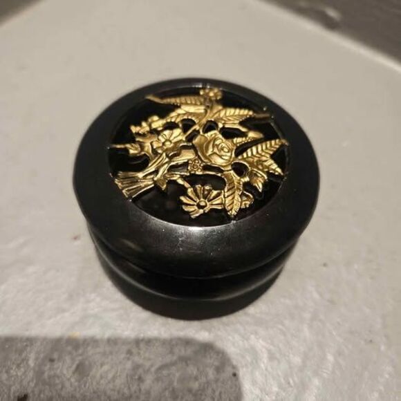 3" Black Plastic Trinket Box Jewelry Box with Gold Floral Decoration on Lid - Picture 1 of 6